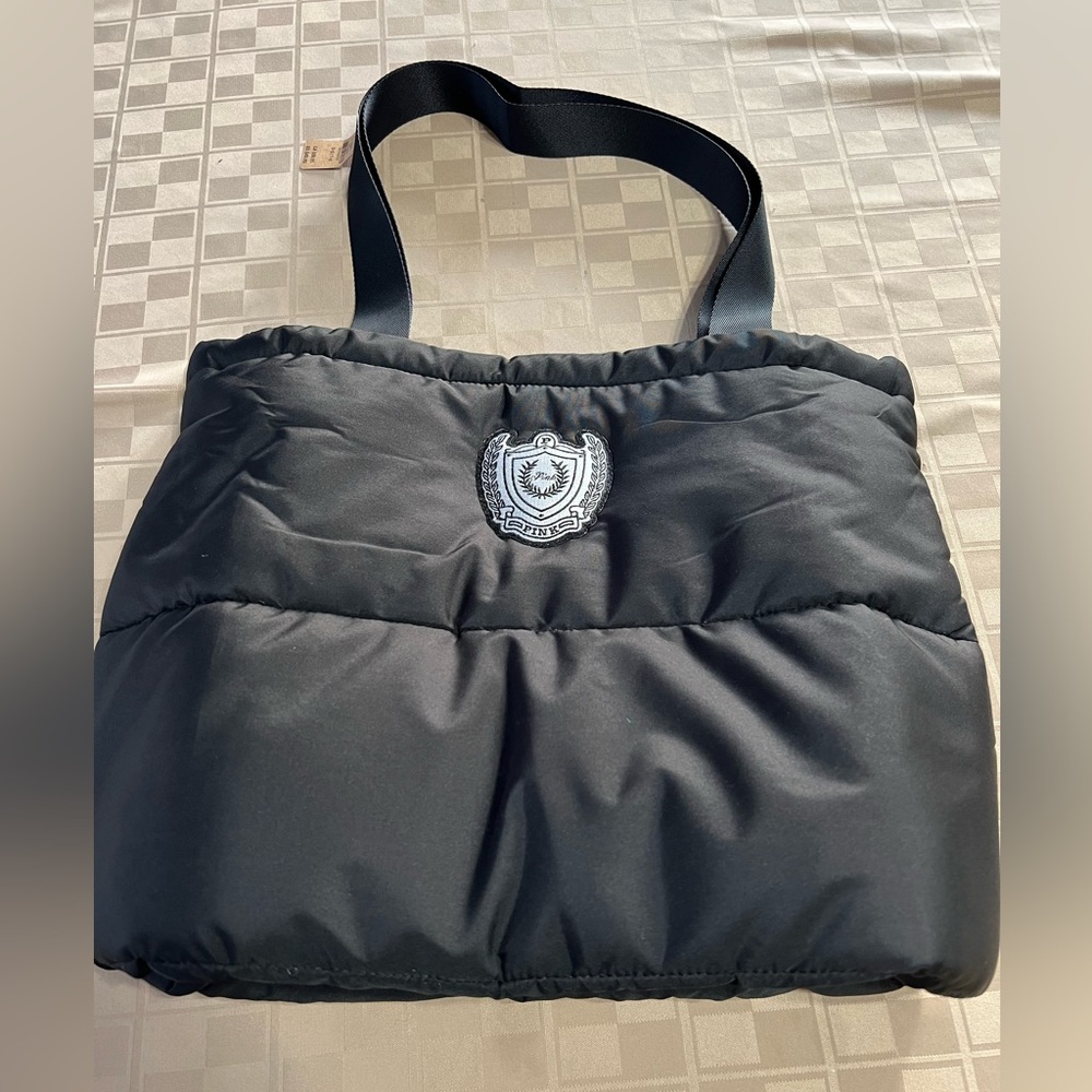 NWT Victoria’s Secret PINK Black Gray Puffer Tote Bag Large Logo 18” X‎ 14”